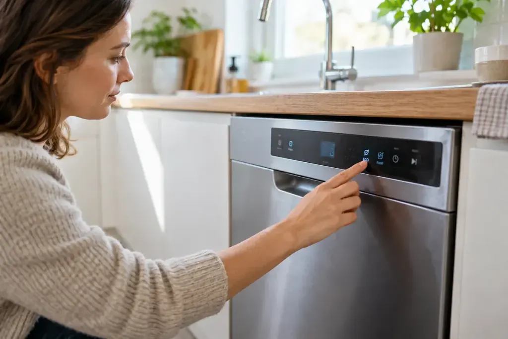 A person selecting an eco programme on a dishwasher in a bright ordinary kitchen.