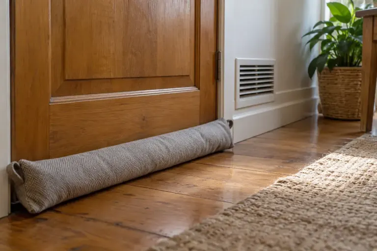 A simple fabric draught excluder along an interior wooden door with an unobstructed room ventilation grille nearby.
