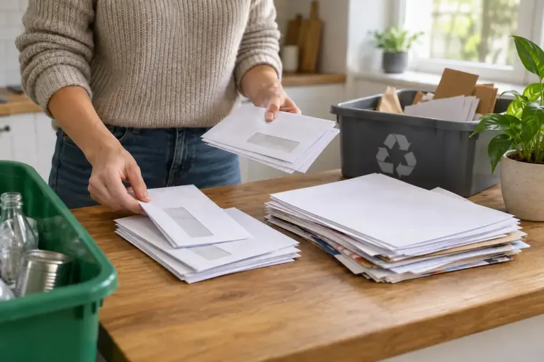Paper envelopes with small clear windows sorted beside plain paper at a home recycling station.
