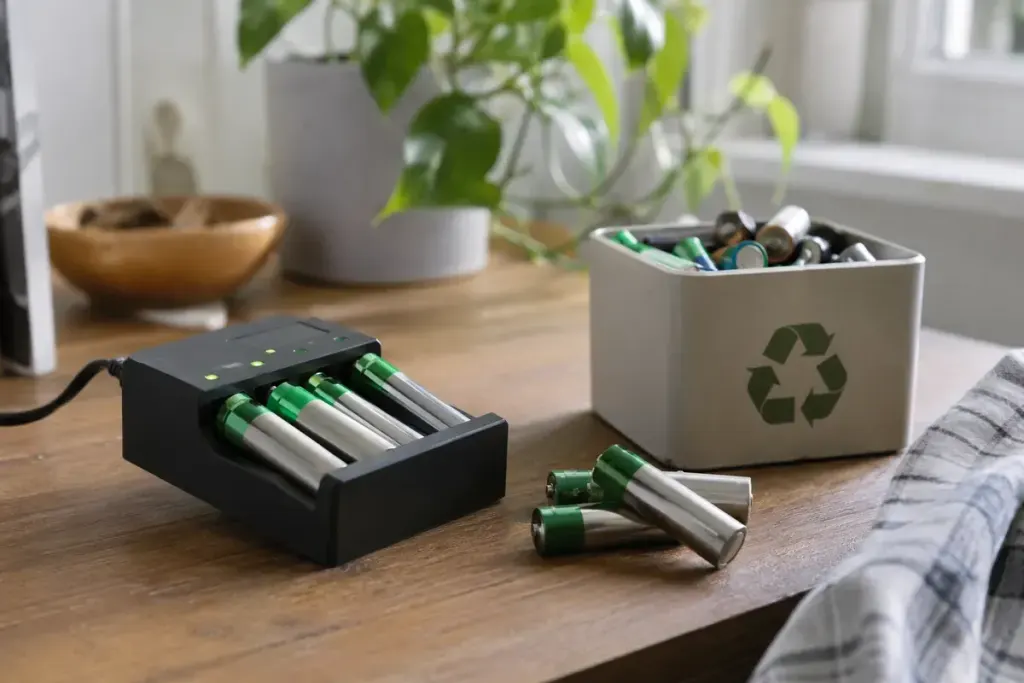 Rechargeable household batteries beside their compatible charger and a small collection box.