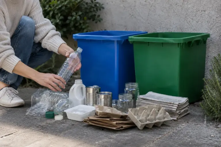 Clean empty packaging sorted beside two plain household recycling containers.
