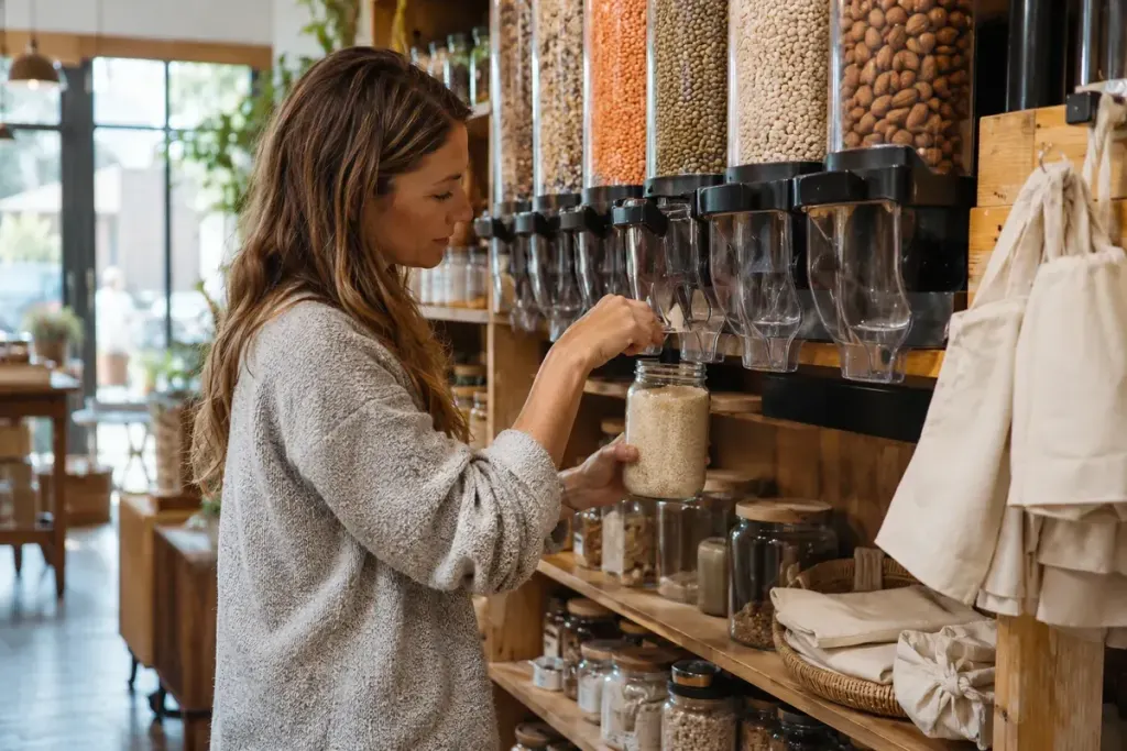 Reusable clean jars and cloth bags beside bulk food dispensers in a small shop.