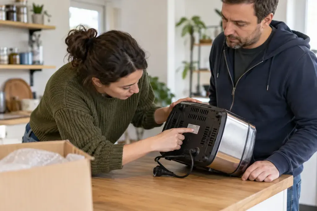 A buyer examining the rating plate of a used countertop appliance with the seller.
