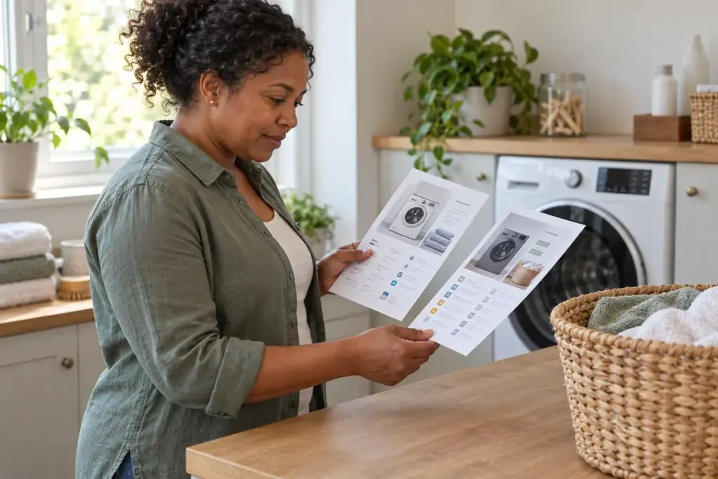 A person comparing appliance brochures beside a washing machine.