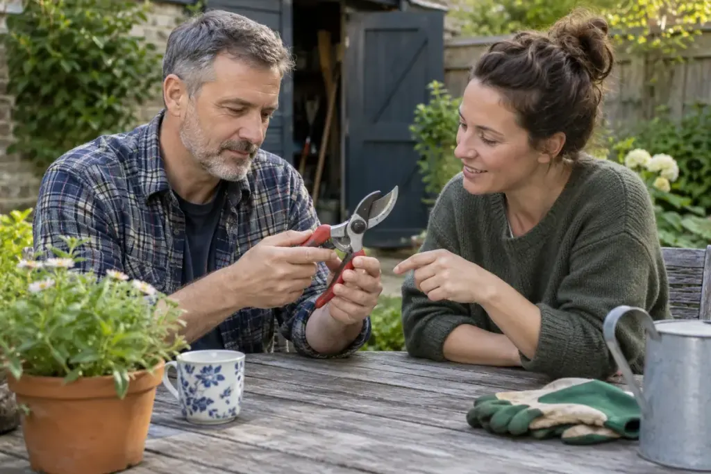 Two neighbours inspecting a borrowed hand tool at a garden table.