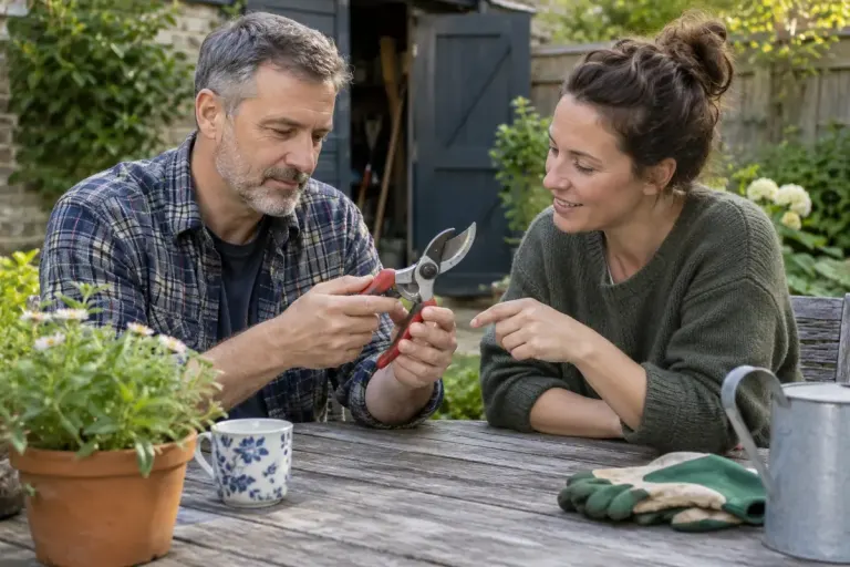 Two neighbours inspecting a borrowed hand tool at a garden table.