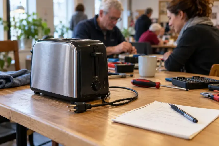 A volunteer repair table with an unplugged small appliance, its power cable and a handwritten note.