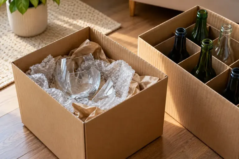 A safely contained broken drinking glass in a sturdy box separate from intact glass bottles, no exposed hands or sharp fragments outside box.