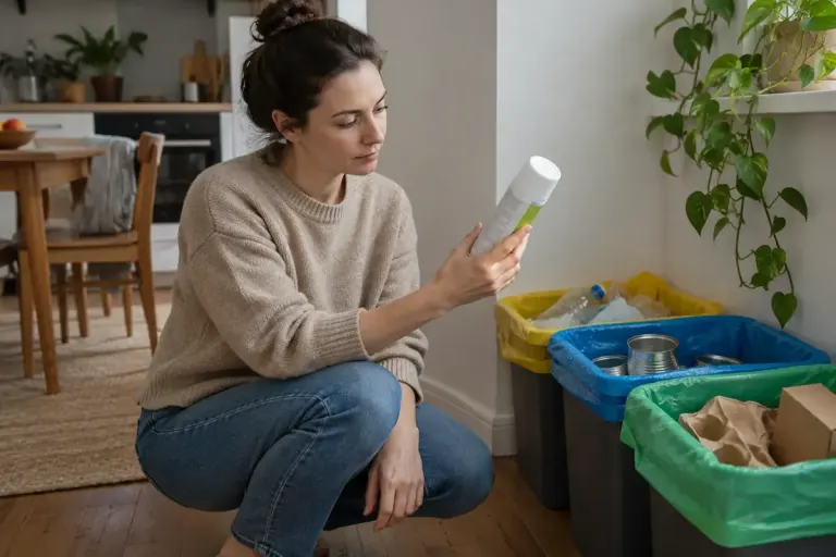A person reading an unbranded household aerosol can beside sorted recycling containers.