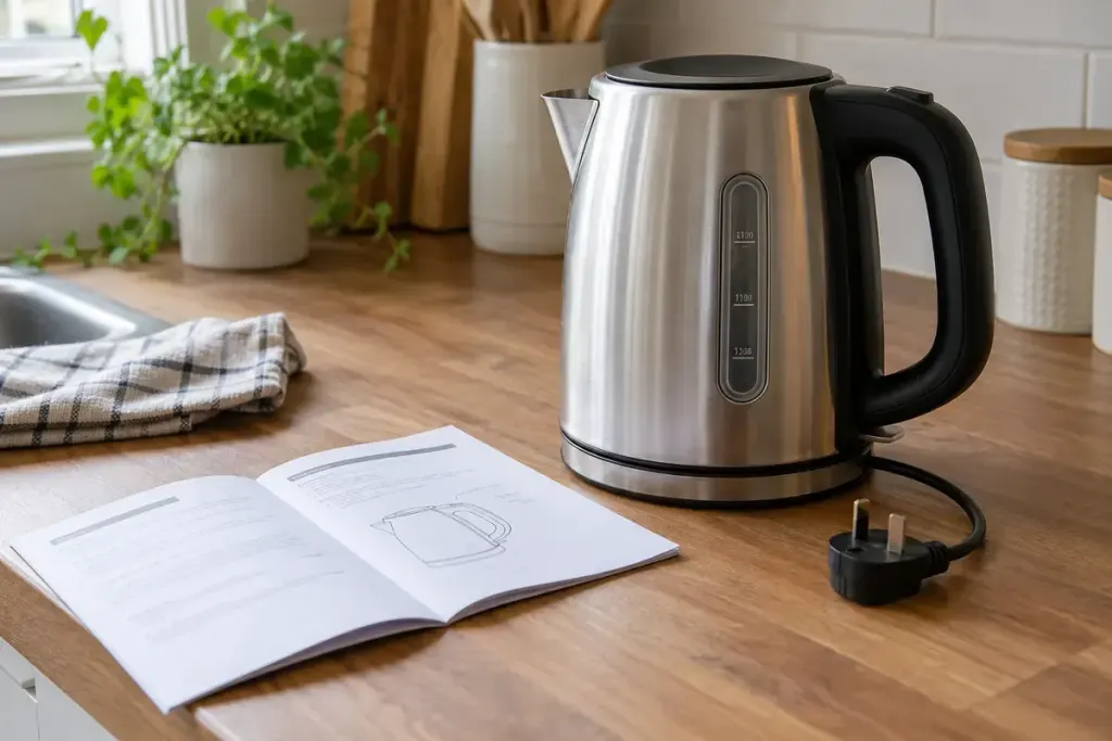 An unplugged electric kettle beside its plain instruction booklet on a kitchen worktop.