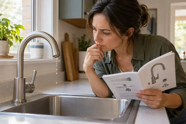 A homeowner looking at a dripping tap and its product booklet with the sink clear.