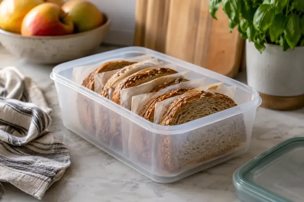 Bread slices separated in a reusable freezer container on a kitchen counter.