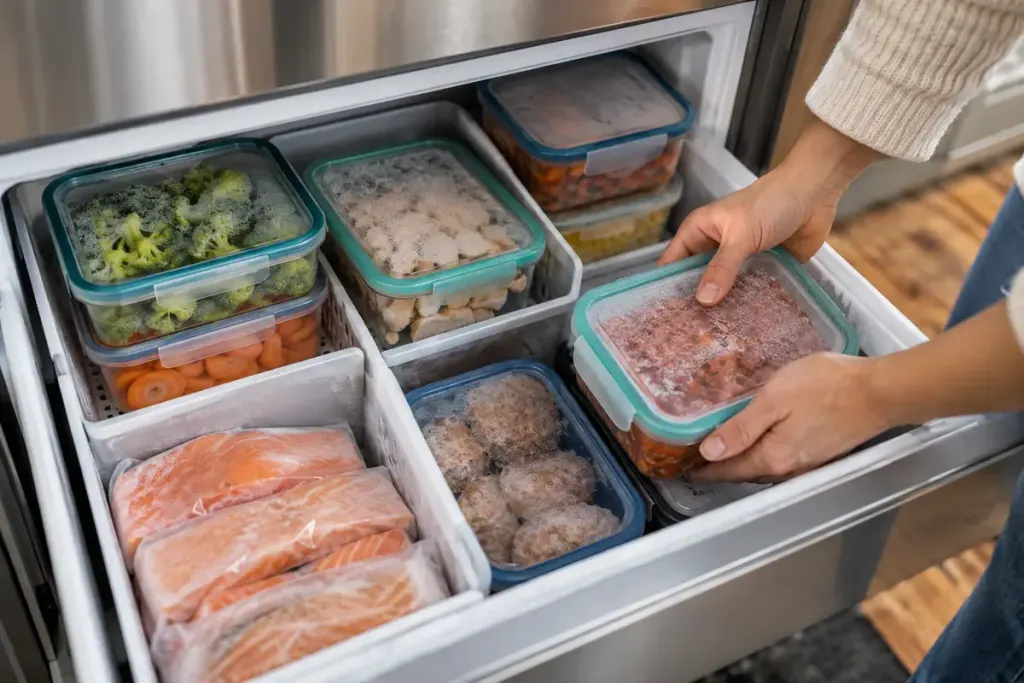 Organised freezer drawer with labelled reusable containers, no readable text.