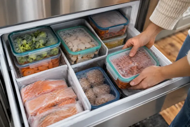 Organised freezer drawer with labelled reusable containers, no readable text.