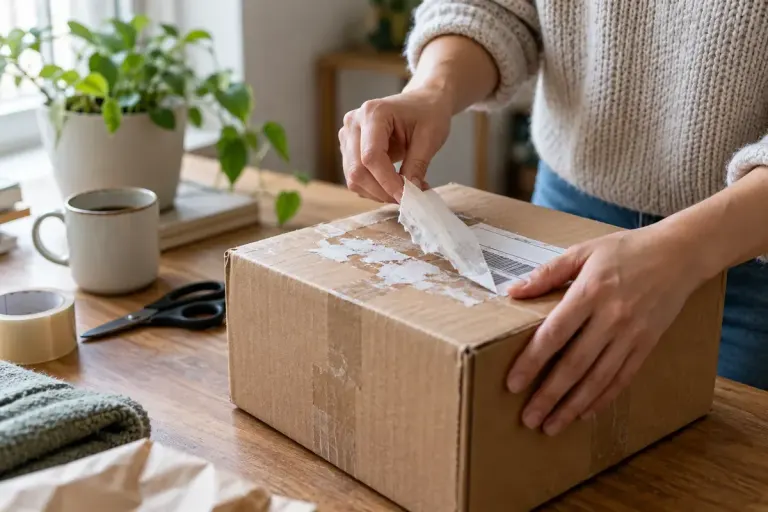 Hands removing an old address label from a cardboard parcel box on a home packing table.
