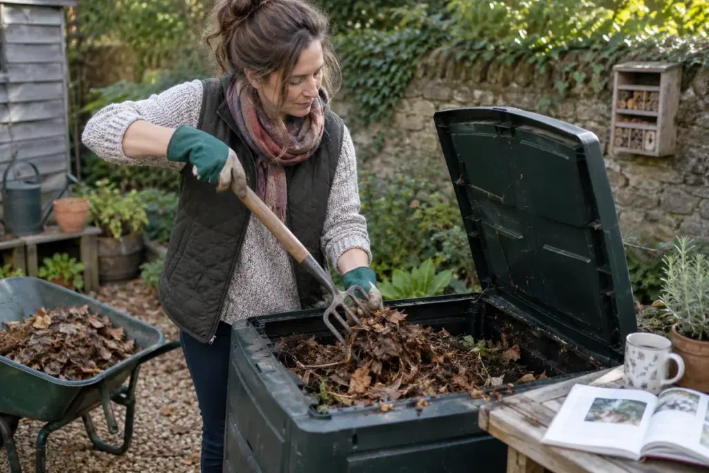 Gardener mixing dry brown leaves into a small household compost bin with a garden fork, realistic backyard scene.