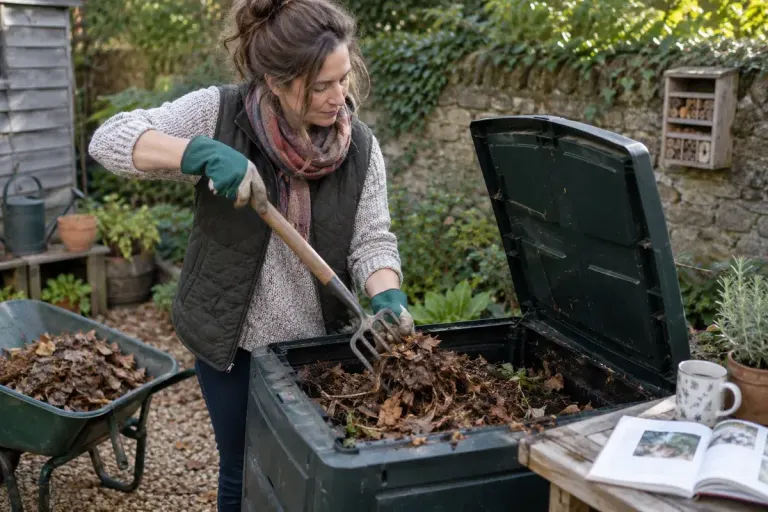Gardener mixing dry brown leaves into a small household compost bin with a garden fork, realistic backyard scene.