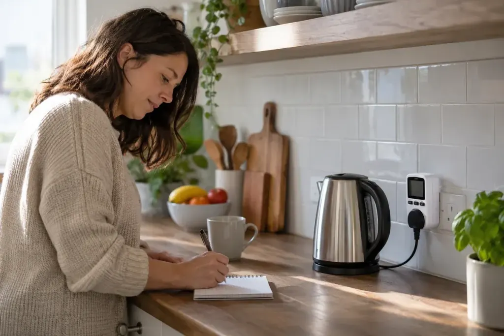 Resident writing down appliance usage beside a plug-in energy monitor in a bright kitchen, no visible numbers.