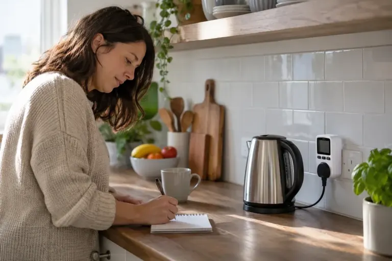 Resident writing down appliance usage beside a plug-in energy monitor in a bright kitchen, no visible numbers.