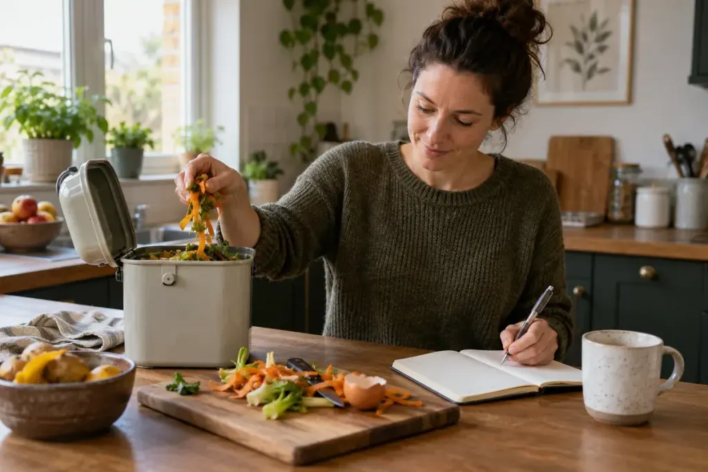 Household sorting small food scraps into compost caddy while writing a kitchen diary, no excessive waste display.
