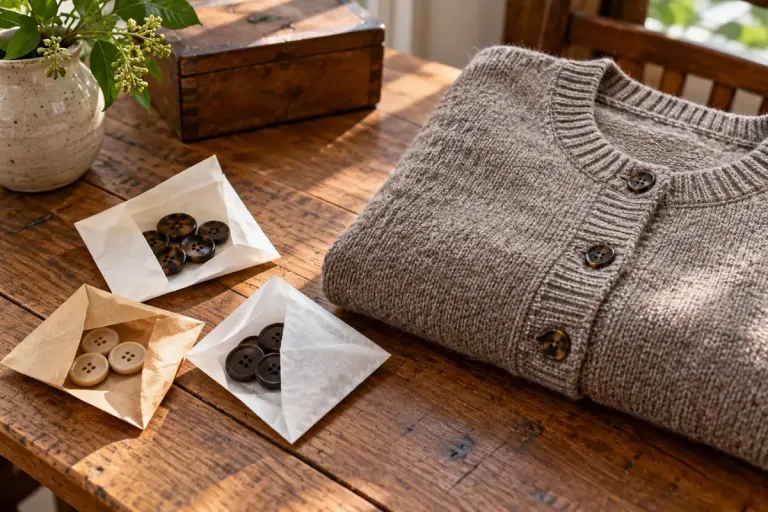 Small paper envelopes containing spare buttons beside a wool cardigan on a domestic table, natural daylight.