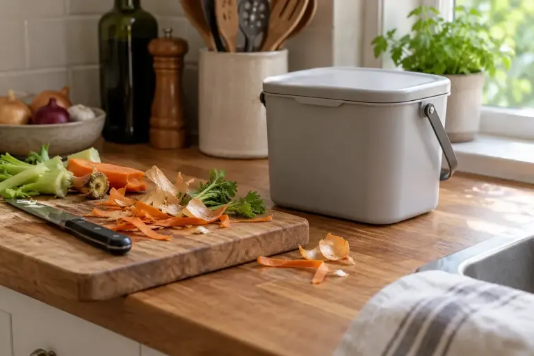 Small lidded food scrap container on a kitchen worktop beside vegetable peelings.