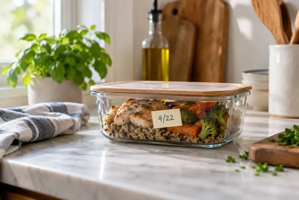 Glass leftovers container with simple dated label.