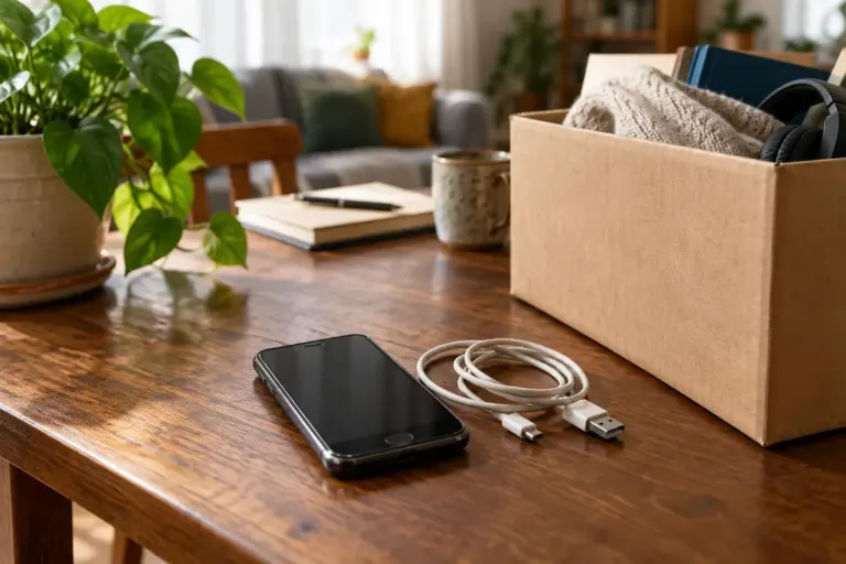 An old smartphone and charging cable beside a donation box on a home table.