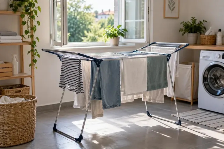 A well-spaced laundry drying rack near an open window in a bright utility room.