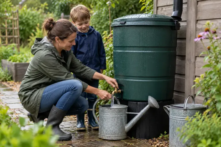 Covered rainwater barrel with secure lid and tap beside garden watering cans, no drinking containers.