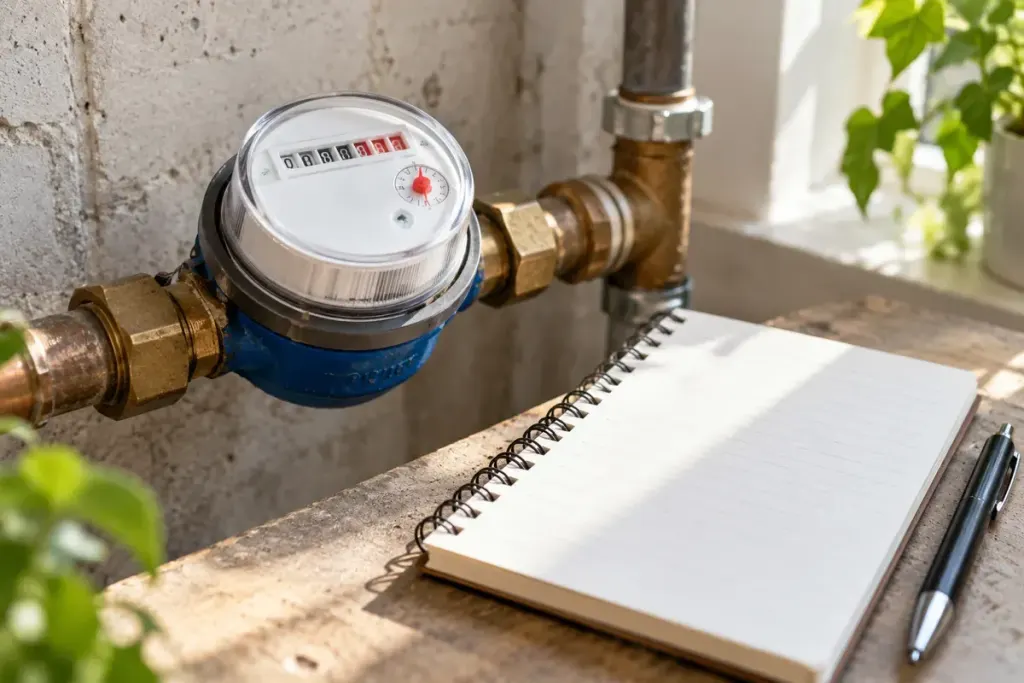 A household water meter beside a plain notepad in daylight.