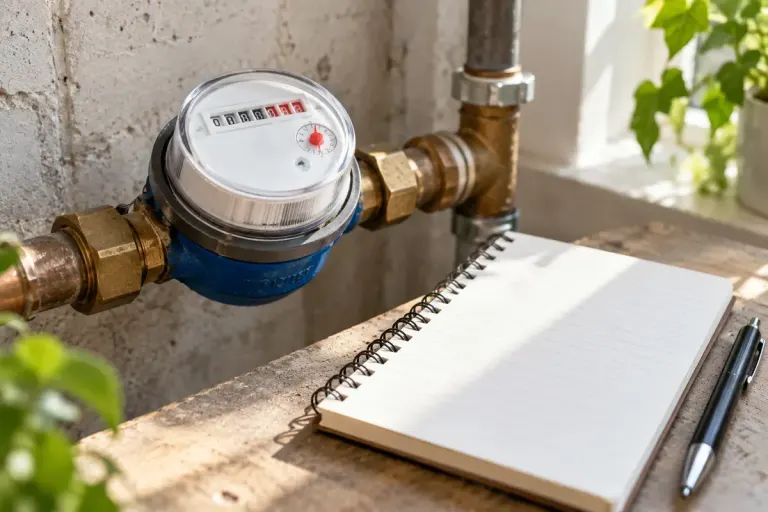 A household water meter beside a plain notepad in daylight.