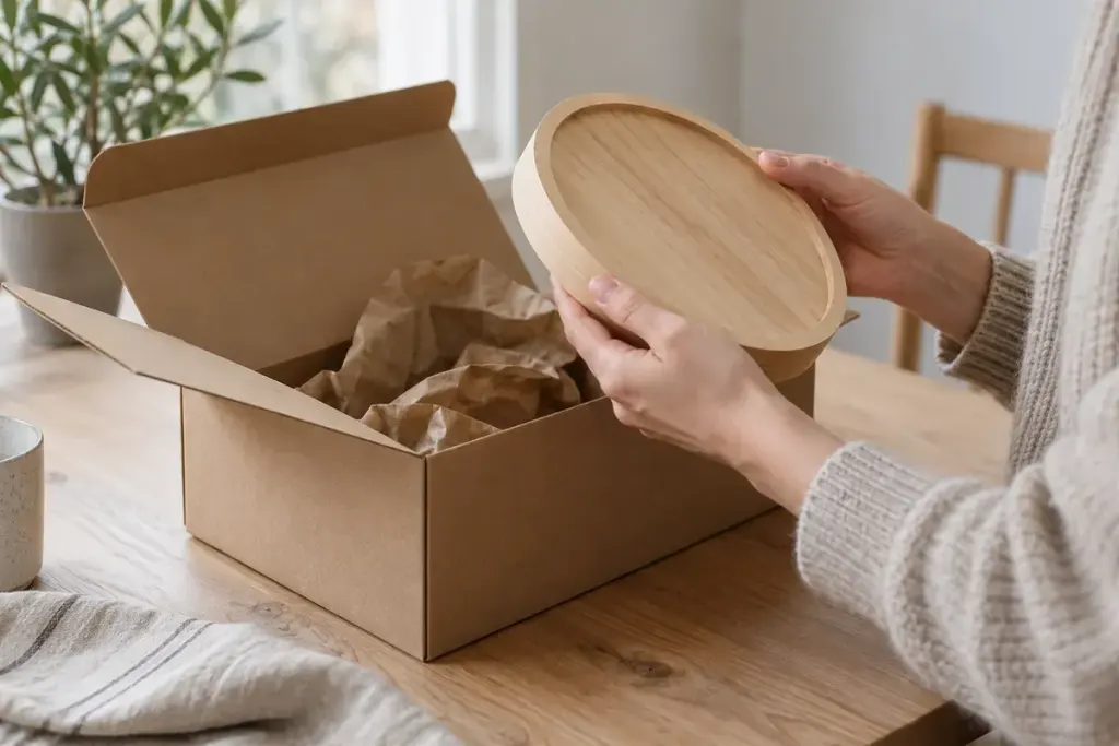 A shopper inspecting unbranded cardboard packaging and a wooden household item on a table without any certification logo.