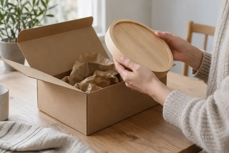 A shopper inspecting unbranded cardboard packaging and a wooden household item on a table without any certification logo.