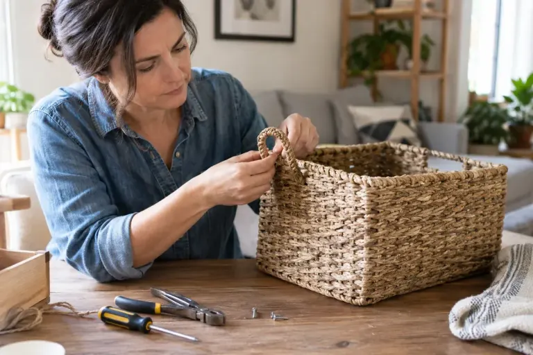 A person repairing a woven household basket at a table.