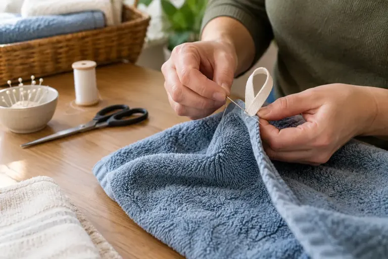 Hands stitching a cotton hanging loop onto a towel on a sewing table.