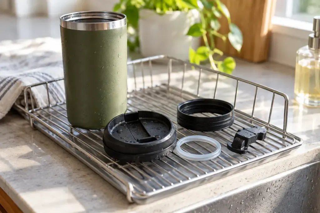 Disassembled reusable cup lid components drying on a clean rack beside a washed insulated cup.
