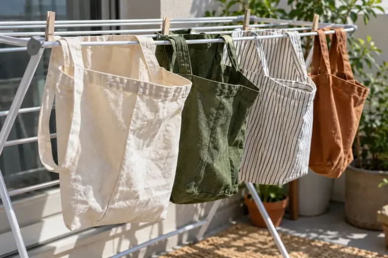 Washed reusable shopping bags drying open on a rack.