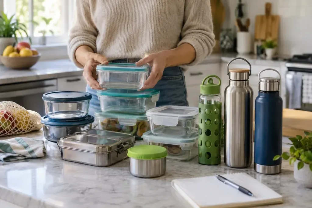 Reusable food containers being sorted on a kitchen counter.