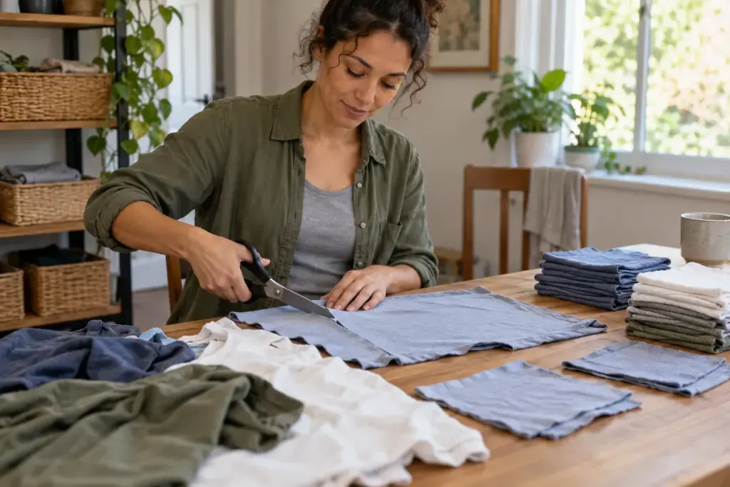 Clean worn cotton t-shirts being cut into practical cleaning cloths on a sewing table with scissors.