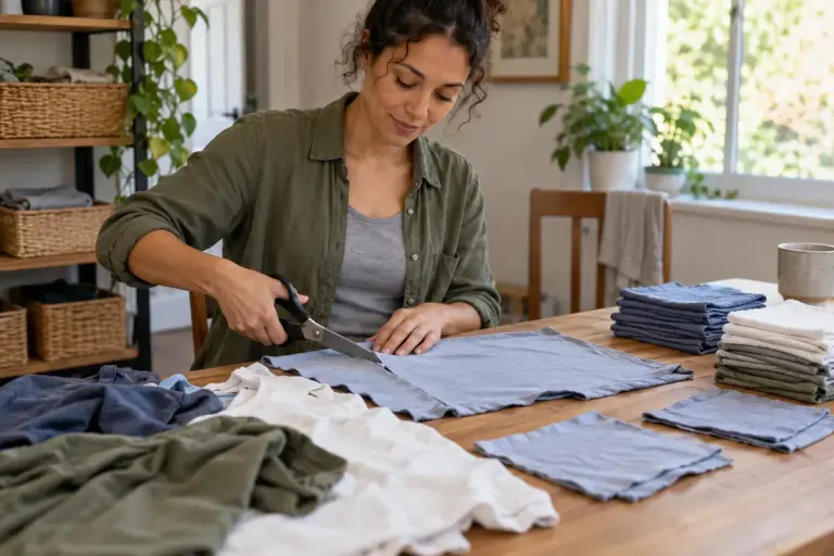 Clean worn cotton t-shirts being cut into practical cleaning cloths on a sewing table with scissors.