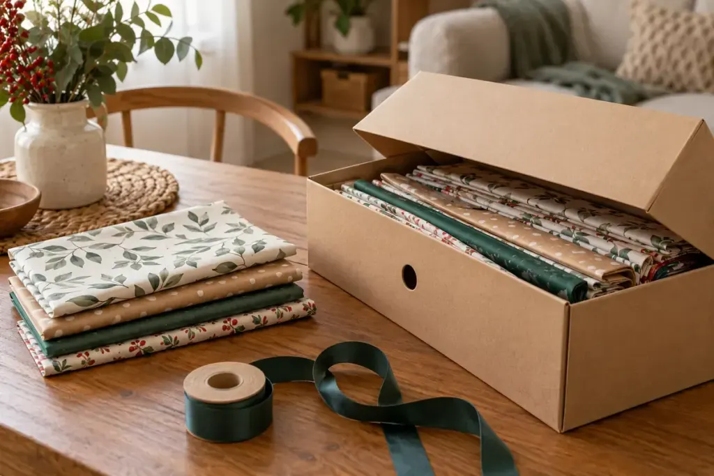 Folded gift wrap stored with reusable ribbon in a cardboard box.