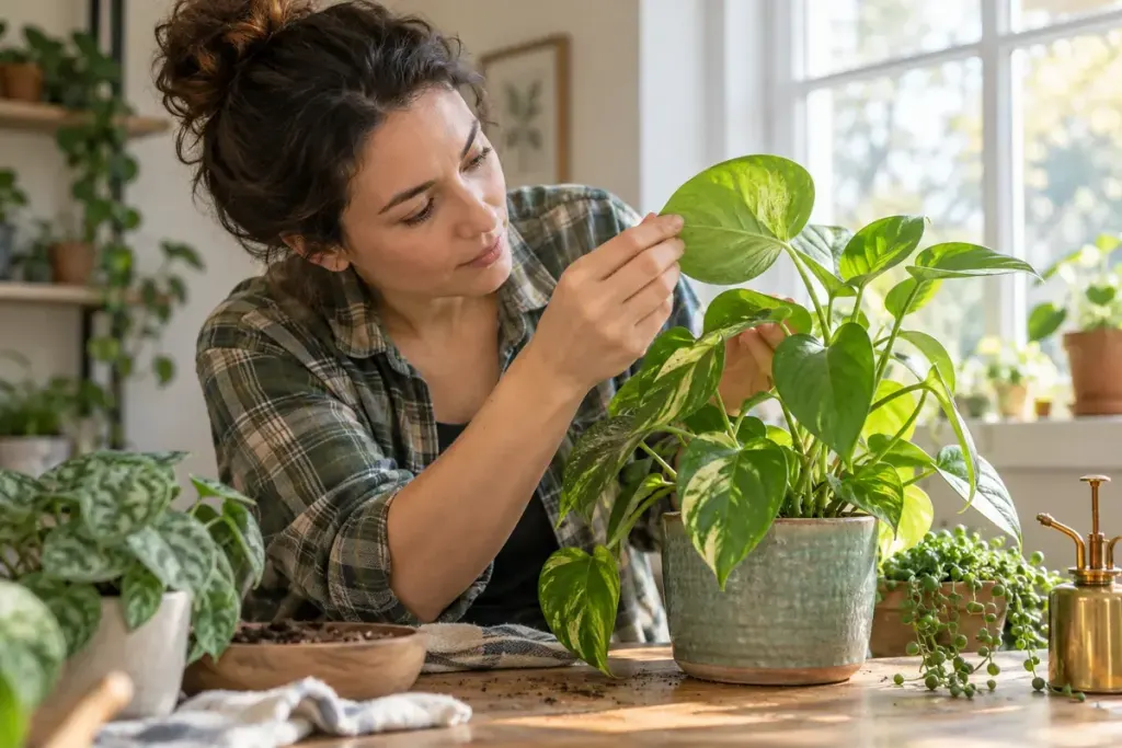 A gardener inspecting the underside of houseplant leaves before sharing it.