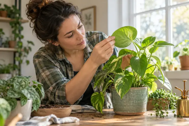 A gardener inspecting the underside of houseplant leaves before sharing it.