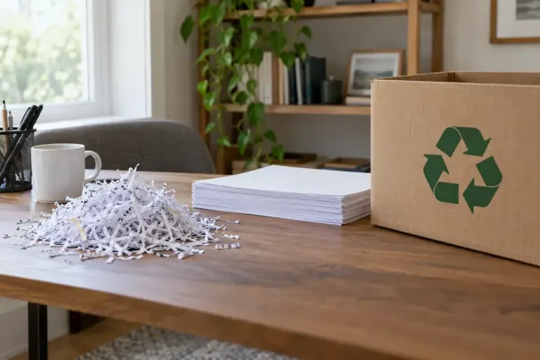 A small pile of shredded paper beside intact office sheets and a plain recycling box in a home office.