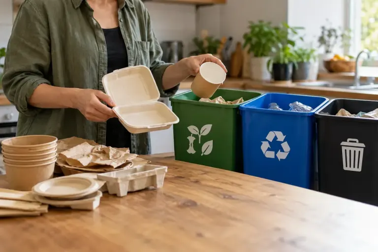 A household sorting clearly generic compostable packaging beside labelled collection containers.